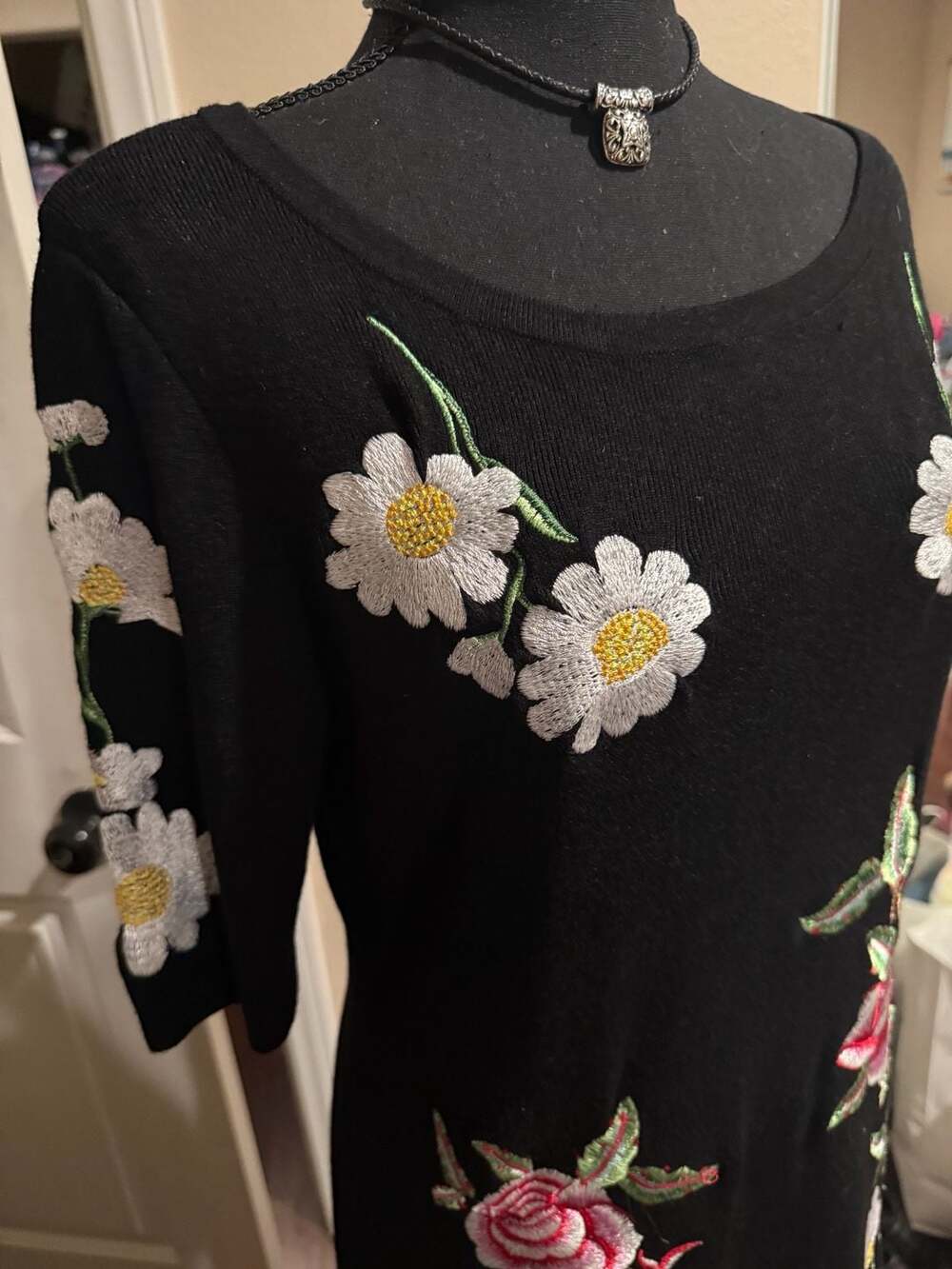 INC black flower floral ribbed stretch dress Sz.L - Picture 3 of 10